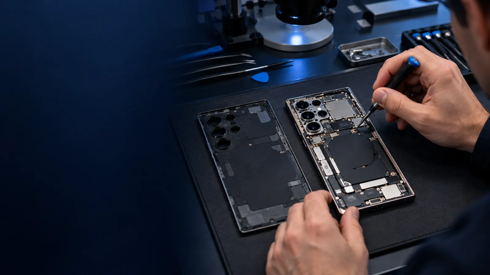 Técnico fazendo reparo na placa de dois celulares abertos, com microscópio de bancada