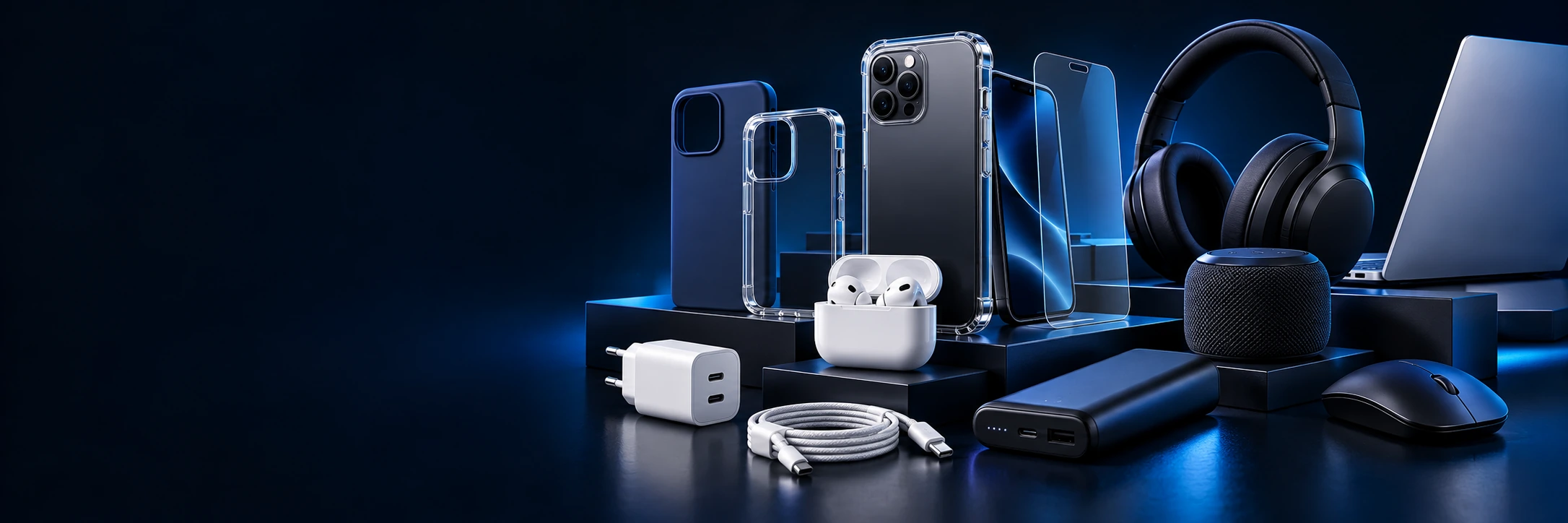 Capas, películas, fones, carregadores, power bank, caixa de som e notebook
